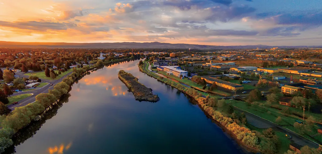Idaho Falls and the Snake River at sunset